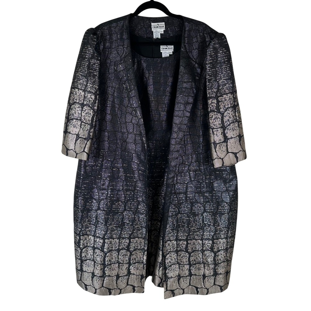 Chancelle Dress Set Women 20 Black Silver Metallic Reptile Duster 2PC Mob Wife